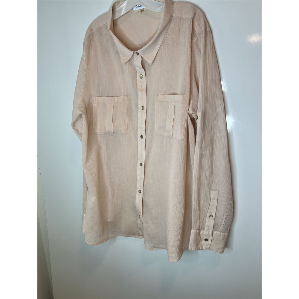 Calvin Klein Women's Button Down Blouse Size XL Peach/Nude Gold Button Rolltab